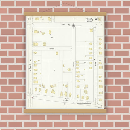 Old map wall art mockup — magnetic wood frame on brick wall — Sanborn Fire Insurance Map from Newark, Wayne County, New York (1912), Sheet #0023