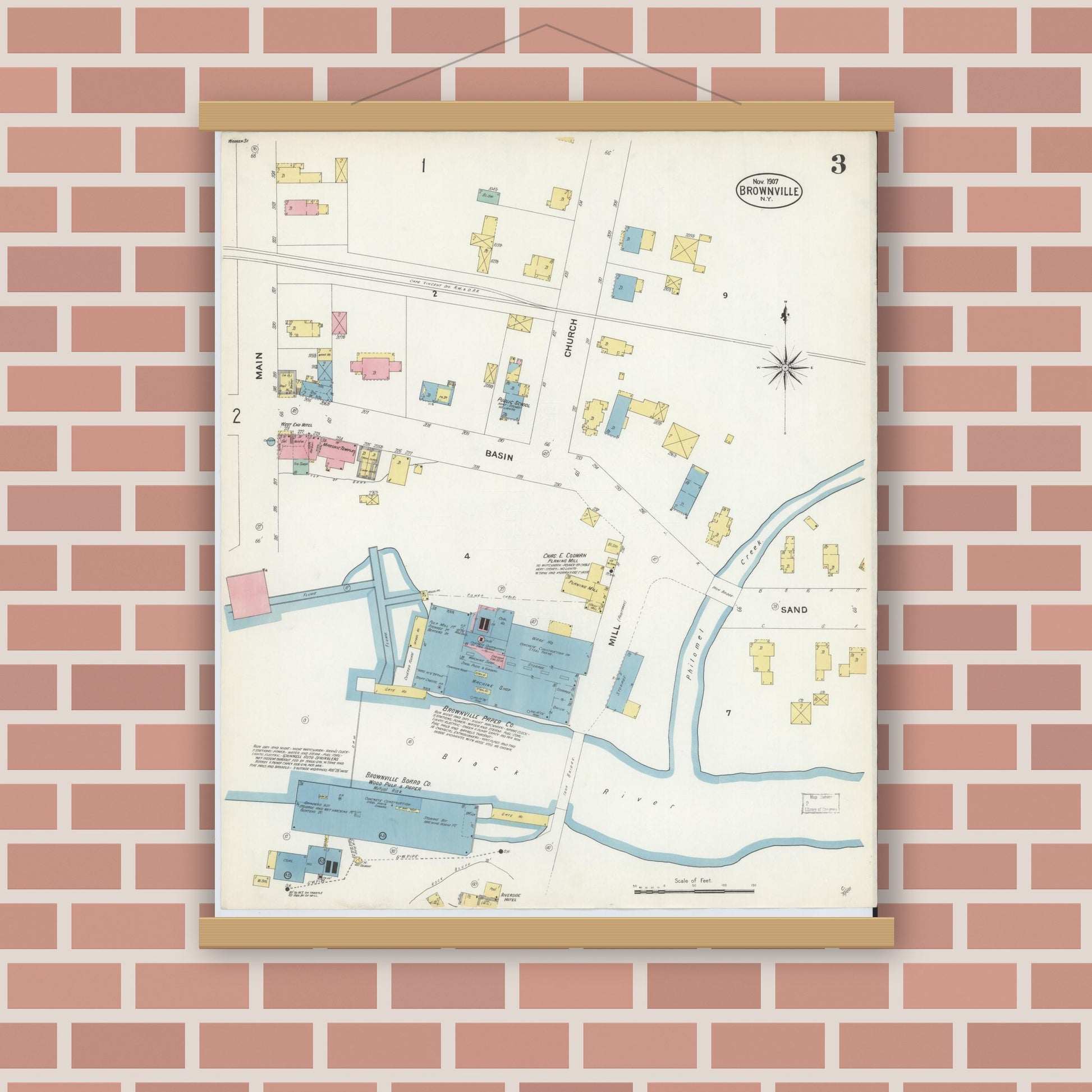 Old map wall art mockup — magnetic wood frame on brick wall — Sanborn Fire Insurance Map from Brownville, Jefferson County, New York (1907), Sheet #0003