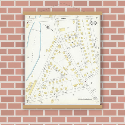 Old map wall art mockup — magnetic wood frame on brick wall — Sanborn Fire Insurance Map from Maynard, Middlesex County, Massachusetts (1910), Sheet #0007