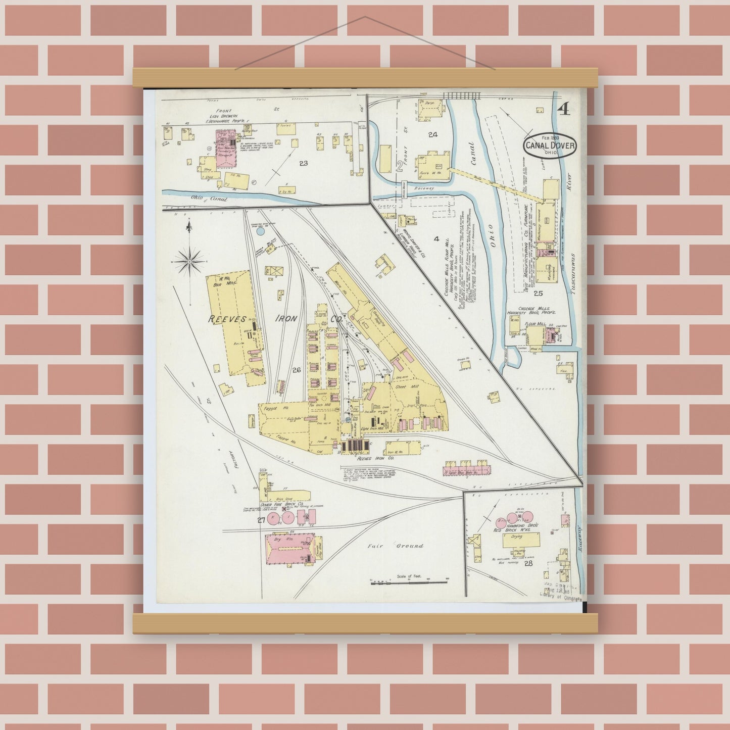 Old map wall art mockup — magnetic wood frame on brick wall — Sanborn Fire Insurance Map from Canal Dover, Tuscarawas County, Ohio (1893), Sheet #0004