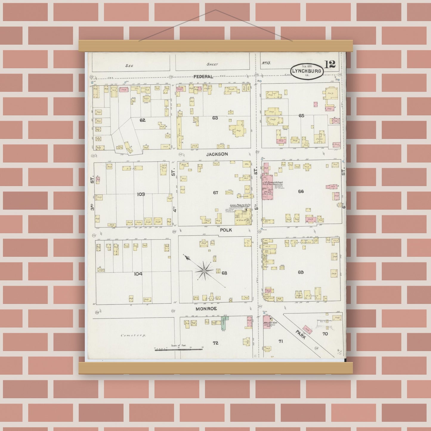 Old map wall art mockup — magnetic wood frame on brick wall — Sanborn Fire Insurance Map from Lynchburg, Independent Cities, Virginia (1890), Sheet #0012