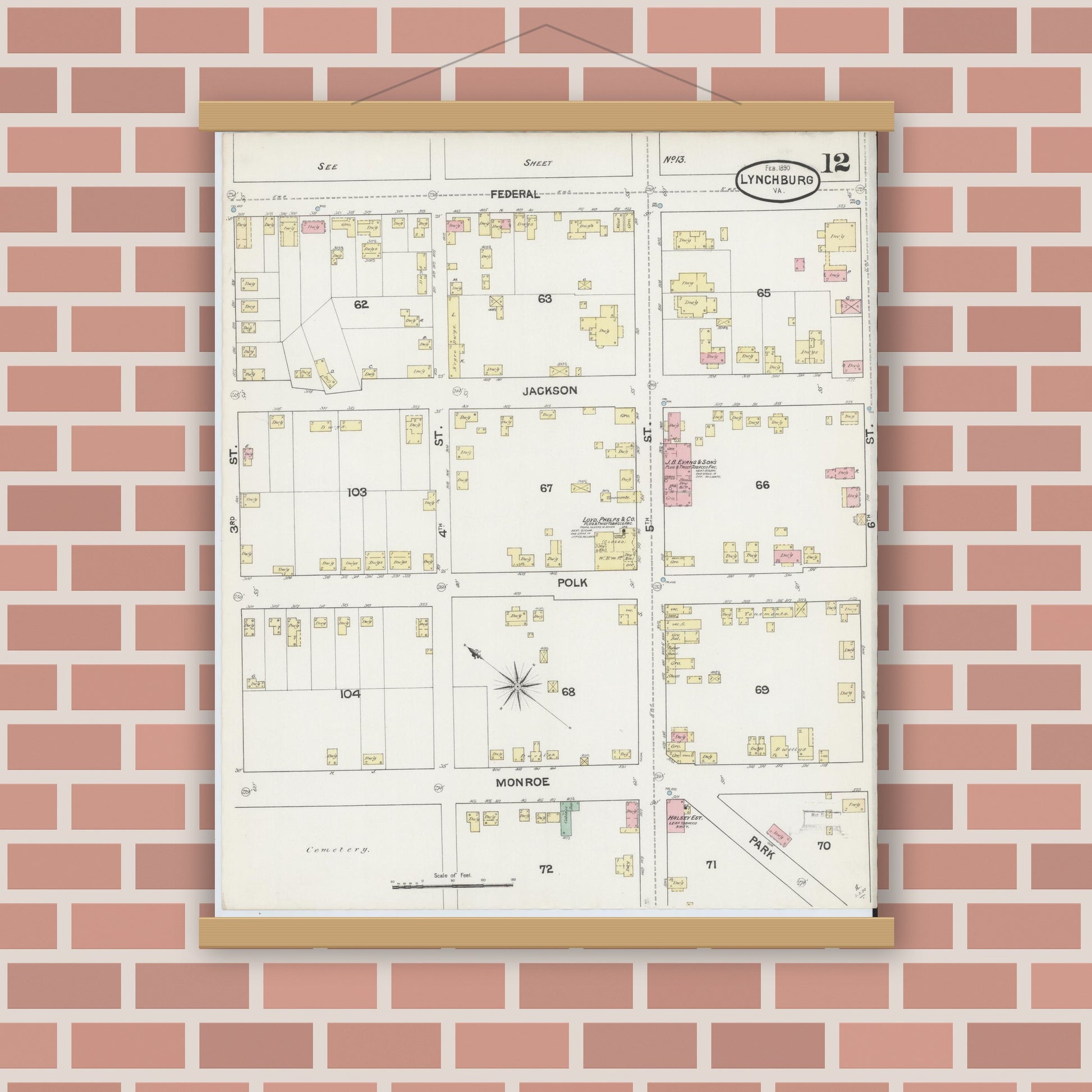 Old map wall art mockup — magnetic wood frame on brick wall — Sanborn Fire Insurance Map from Lynchburg, Independent Cities, Virginia (1890), Sheet #0012