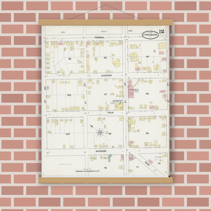 Old map wall art mockup — magnetic wood frame on brick wall — Sanborn Fire Insurance Map from Lynchburg, Independent Cities, Virginia (1890), Sheet #0012