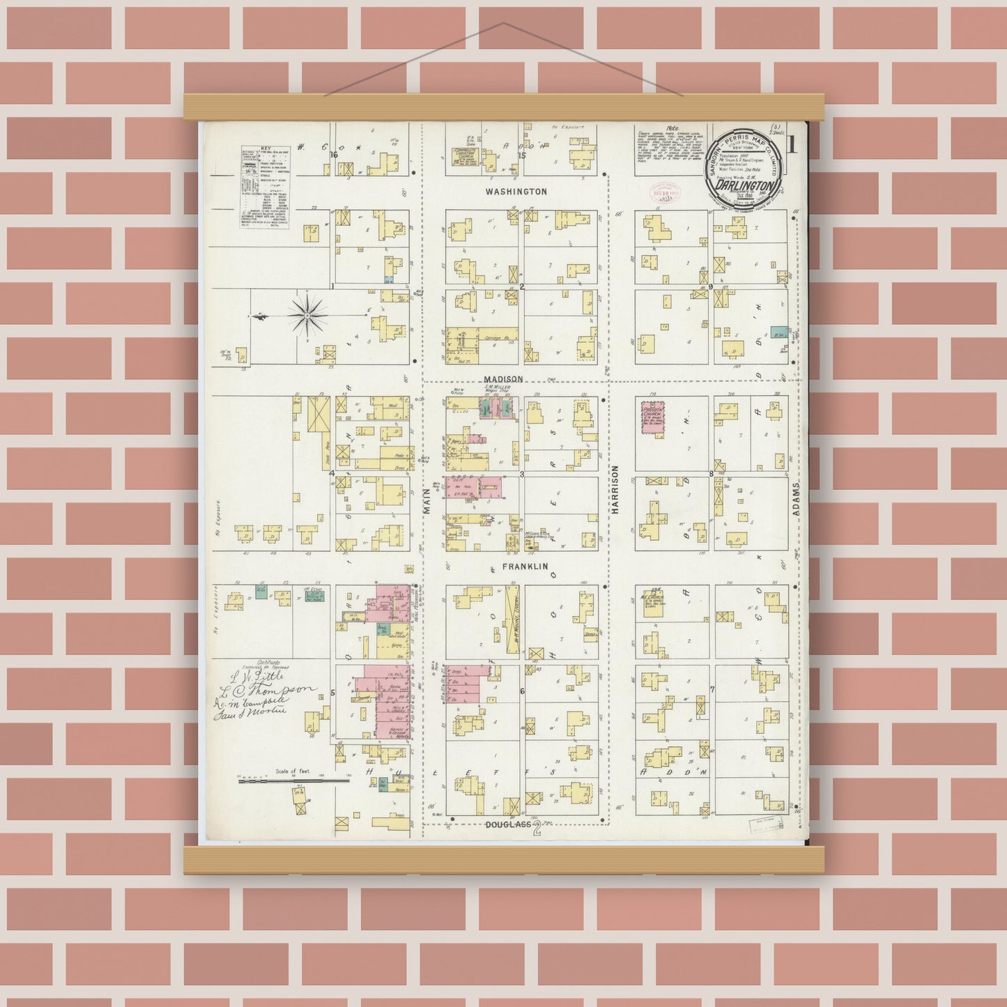 Old map wall art mockup — magnetic wood frame on brick wall — Sanborn Fire Insurance Map from Darlington, Montgomery County, Indiana (1895) - Complete Map Set