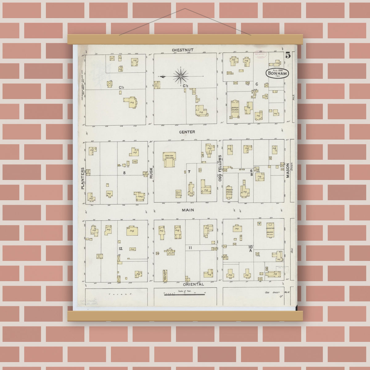 Old map wall art mockup — magnetic wood frame on brick wall — Sanborn Fire Insurance Map from Bonham, Fannin County, Texas (1888), Sheet #0005