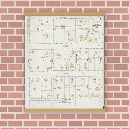 Old map wall art mockup — magnetic wood frame on brick wall — Sanborn Fire Insurance Map from Bonham, Fannin County, Texas (1888), Sheet #0005