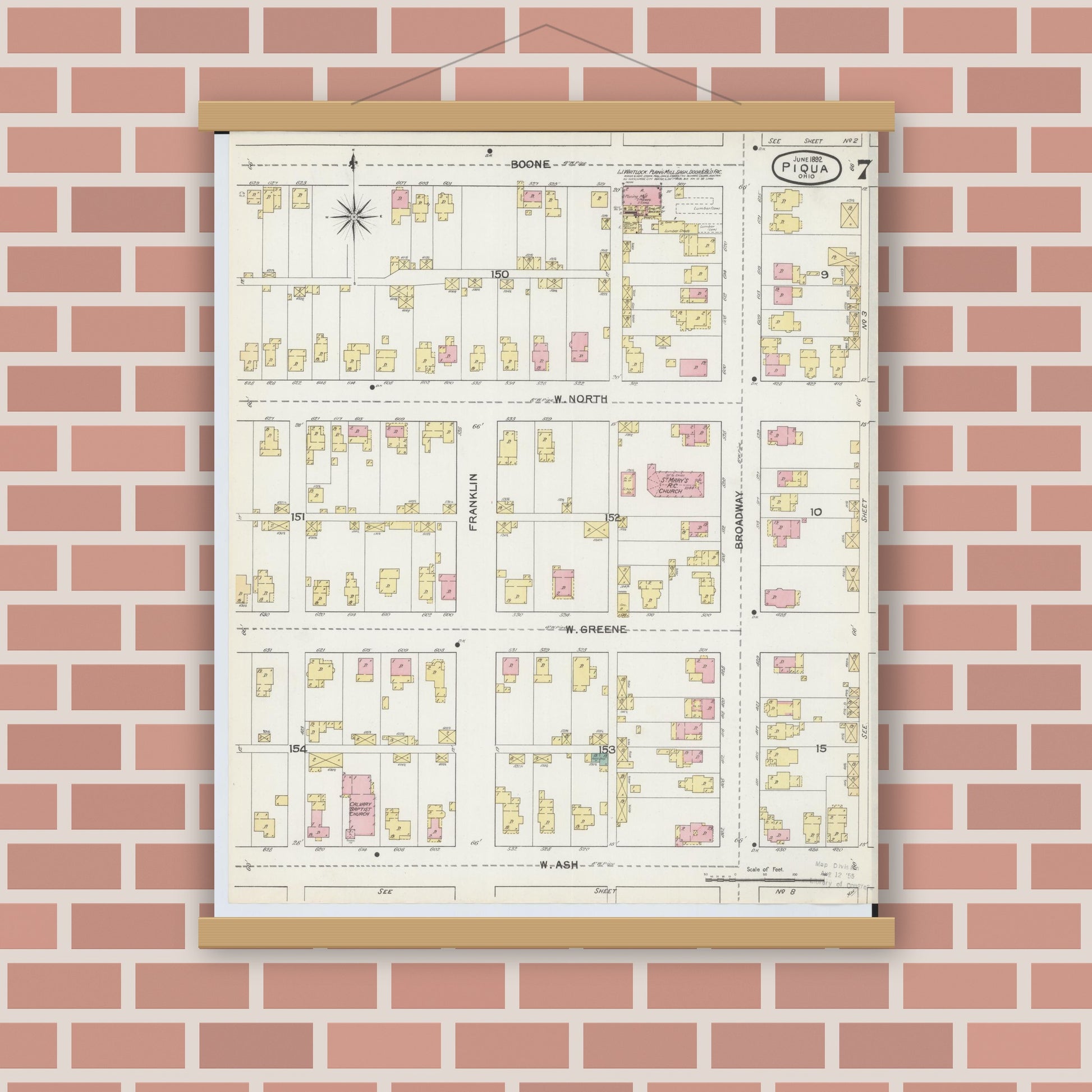 Old map wall art mockup — magnetic wood frame on brick wall — Sanborn Fire Insurance Map from Piqua, Miami County, Ohio (1892), Sheet #0007