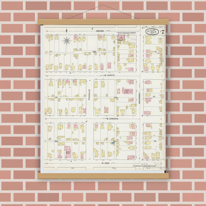 Old map wall art mockup — magnetic wood frame on brick wall — Sanborn Fire Insurance Map from Piqua, Miami County, Ohio (1892), Sheet #0007