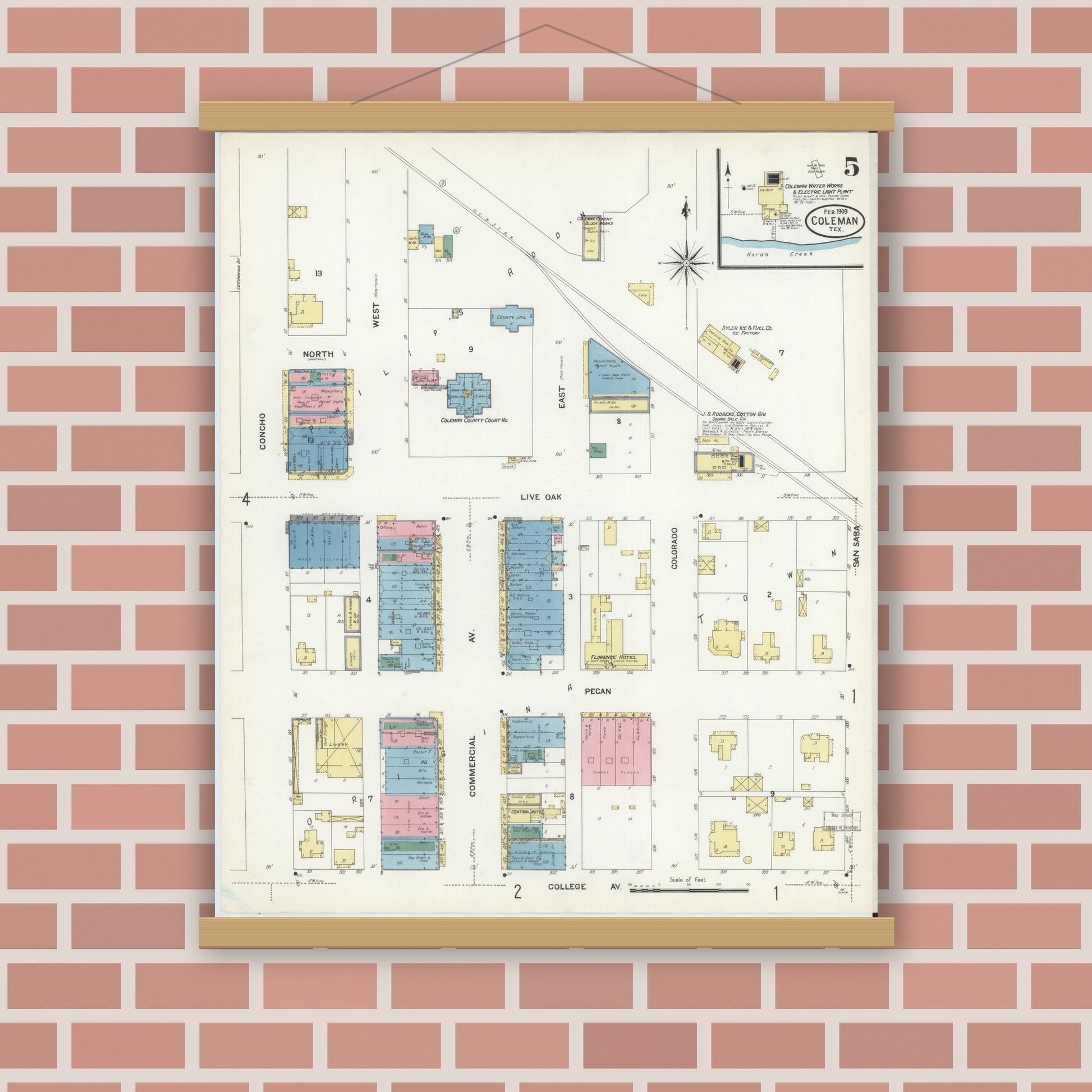 Old map wall art mockup — magnetic wood frame on brick wall — Sanborn Fire Insurance Map from Coleman, Coleman County, Texas (1909), Sheet #0005