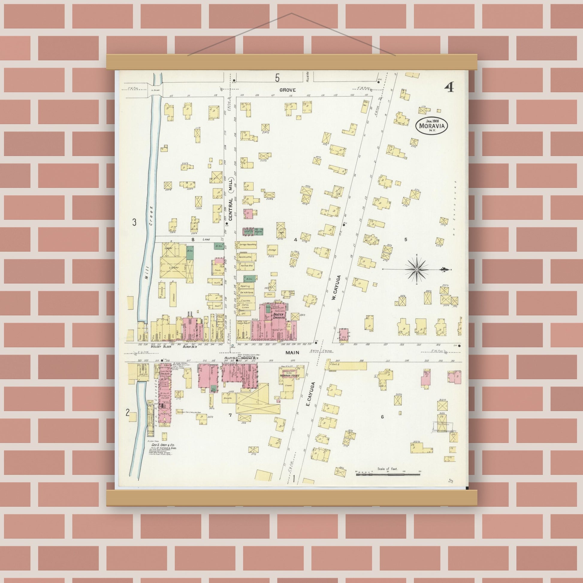 Old map wall art mockup — magnetic wood frame on brick wall — Sanborn Fire Insurance Map from Moravia, Cayuga County, New York (1908), Sheet #0004