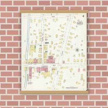 Old map wall art mockup — magnetic wood frame on brick wall — Sanborn Fire Insurance Map from Moravia, Cayuga County, New York (1908), Sheet #0004