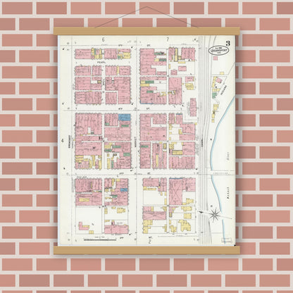 Old map wall art mockup — magnetic wood frame on brick wall — Sanborn Fire Insurance Map from Logansport, Cass County, Indiana (1906), Sheet #0003