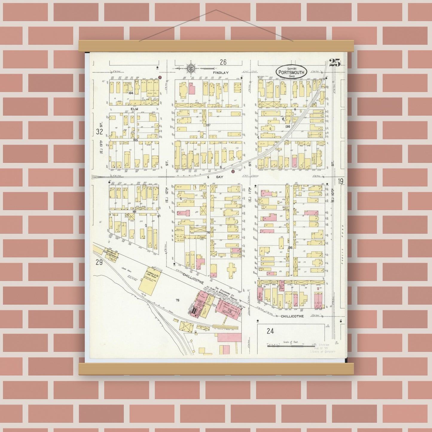 Old map wall art mockup — magnetic wood frame on brick wall — Sanborn Fire Insurance Map from Portsmouth, Scioto County, Ohio (1911), Sheet #0025
