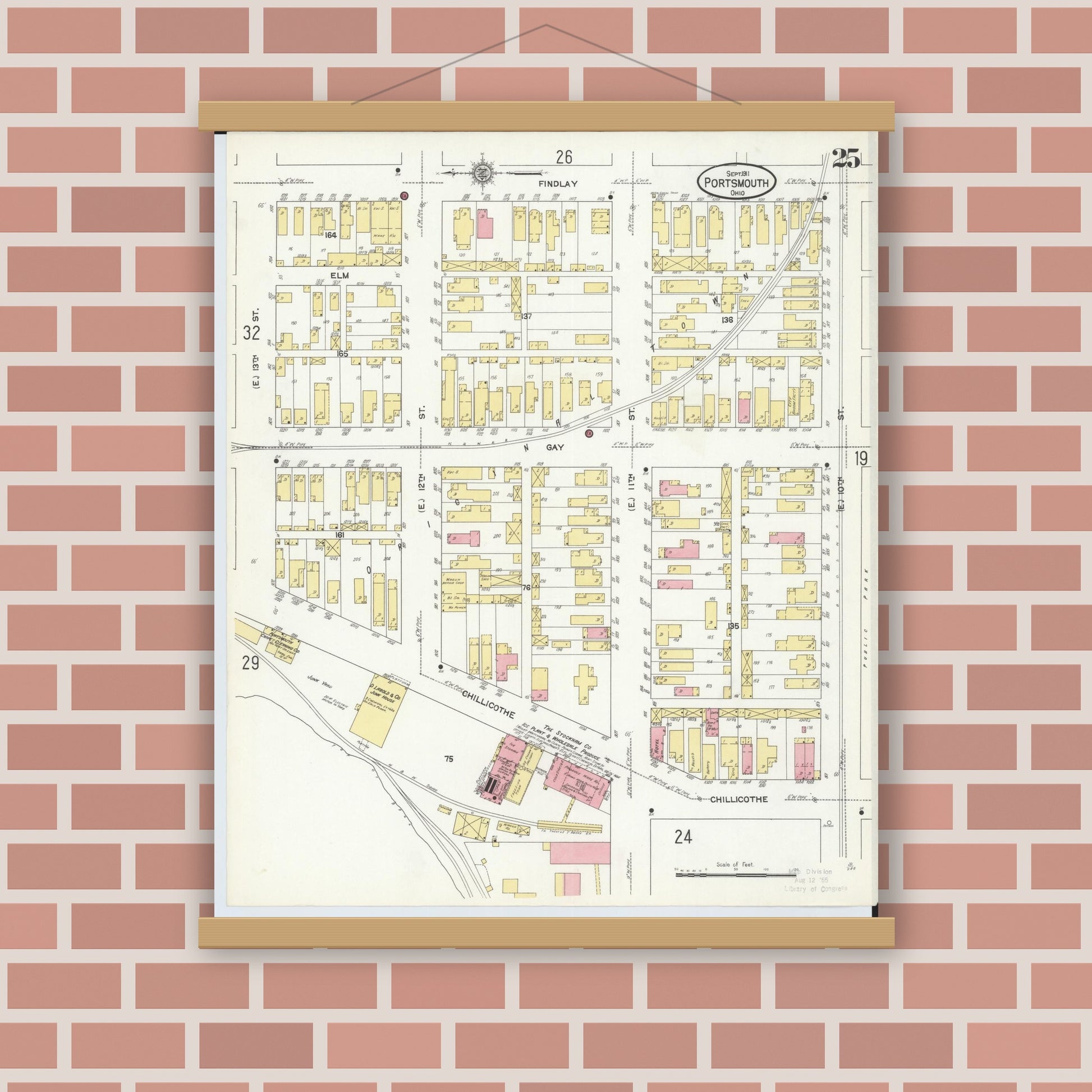 Old map wall art mockup — magnetic wood frame on brick wall — Sanborn Fire Insurance Map from Portsmouth, Scioto County, Ohio (1911), Sheet #0025