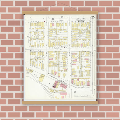 Old map wall art mockup — magnetic wood frame on brick wall — Sanborn Fire Insurance Map from Portsmouth, Scioto County, Ohio (1911), Sheet #0025