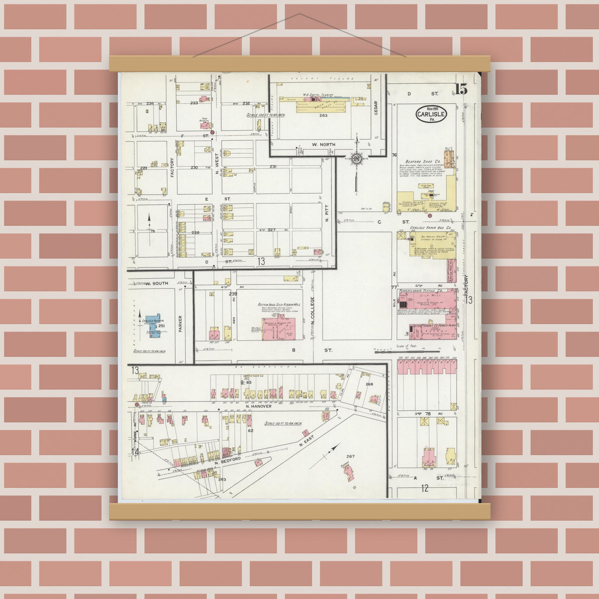 Old map wall art mockup — magnetic wood frame on brick wall — Sanborn Fire Insurance Map from Carlisle, Cumberland County, Pennsylvania (1915), Sheet #0015