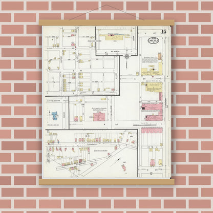 Old map wall art mockup — magnetic wood frame on brick wall — Sanborn Fire Insurance Map from Carlisle, Cumberland County, Pennsylvania (1915), Sheet #0015