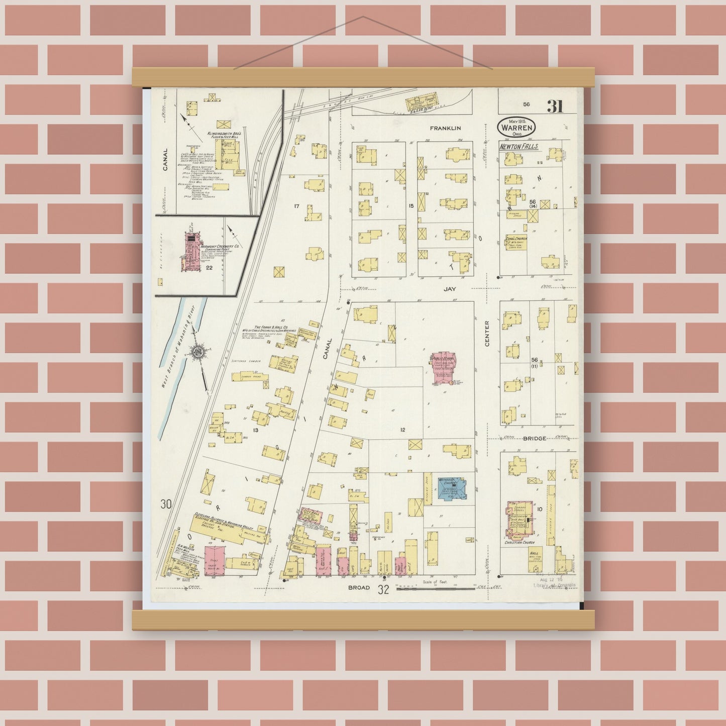 Old map wall art mockup — magnetic wood frame on brick wall — Sanborn Fire Insurance Map from Warren, Trumbull County, Ohio (1915), Sheet #0031