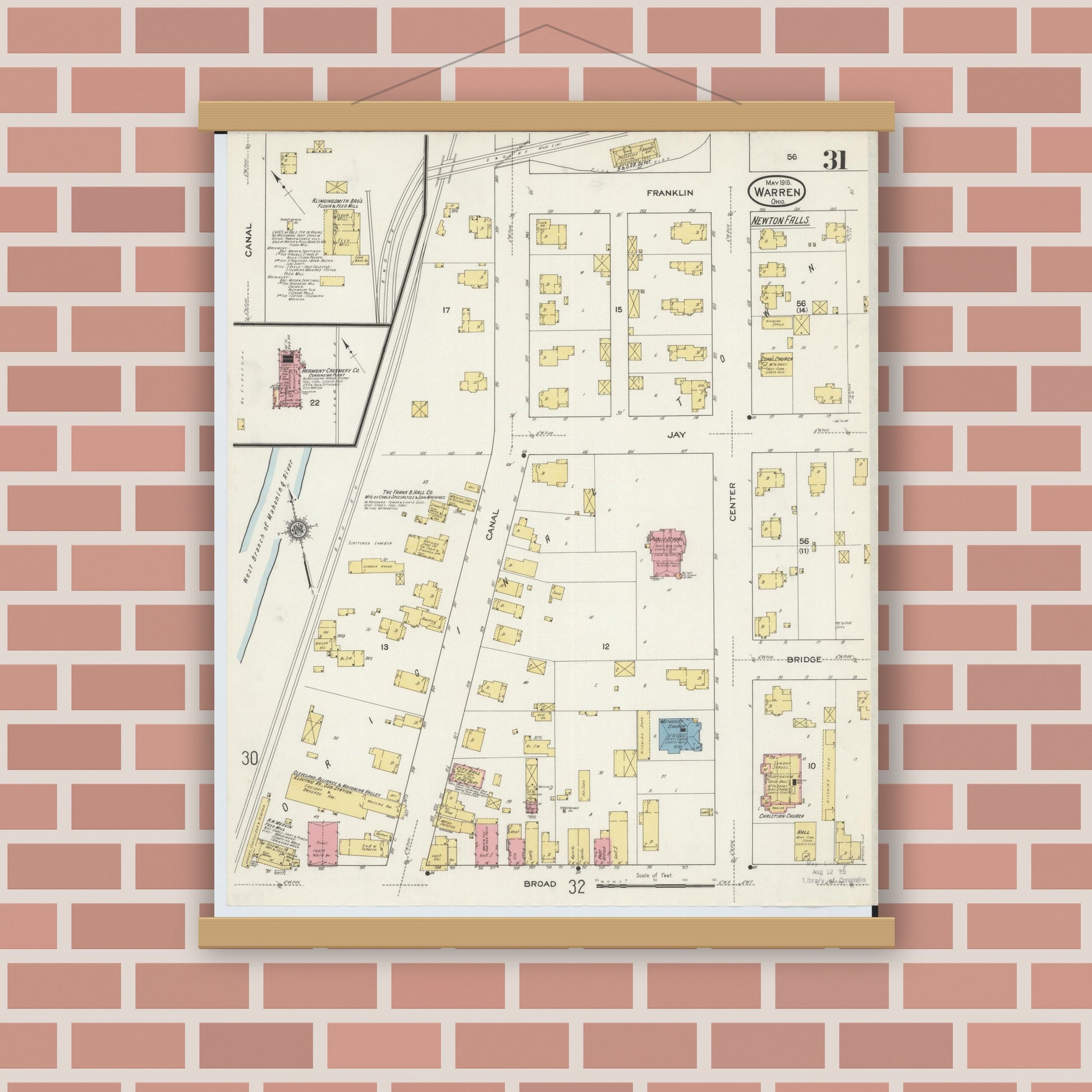 Old map wall art mockup — magnetic wood frame on brick wall — Sanborn Fire Insurance Map from Warren, Trumbull County, Ohio (1915), Sheet #0031