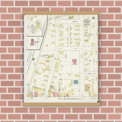 Old map wall art mockup — magnetic wood frame on brick wall — Sanborn Fire Insurance Map from Warren, Trumbull County, Ohio (1915), Sheet #0031