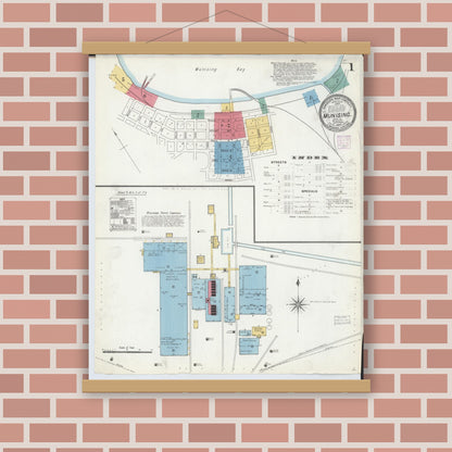Old map wall art mockup — magnetic wood frame on brick wall — Sanborn Fire Insurance Map from Munising, Alger County, Michigan (1906), Sheet #0001