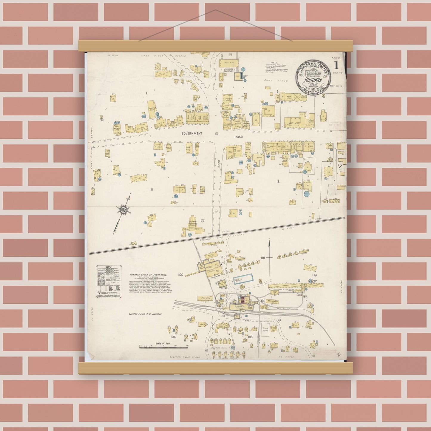 Old map wall art mockup — magnetic wood frame on brick wall — Sanborn Fire Insurance Map from Honokaa, Hawaii County, Hawaii (1914) — Complete Set