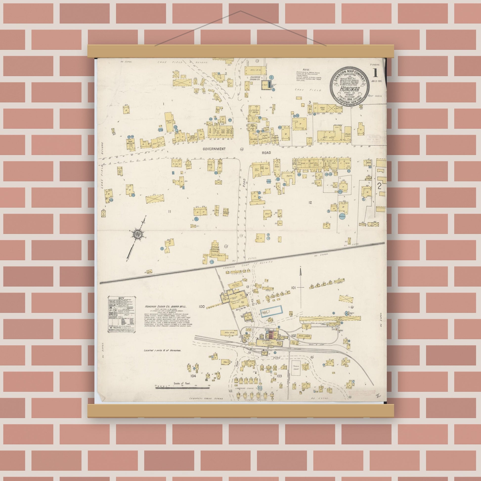 Old map wall art mockup — magnetic wood frame on brick wall — Sanborn Fire Insurance Map from Honokaa, Hawaii County, Hawaii (1914) — Complete Set