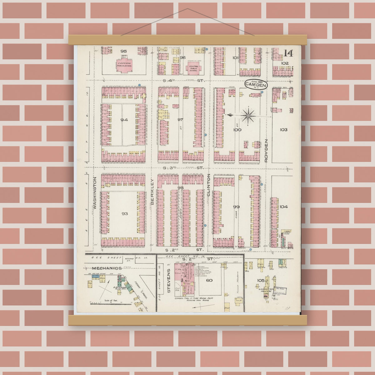 Old map wall art mockup — magnetic wood frame on brick wall — Sanborn Fire Insurance Map from Camden, Camden County, New Jersey (1885), Sheet #0014