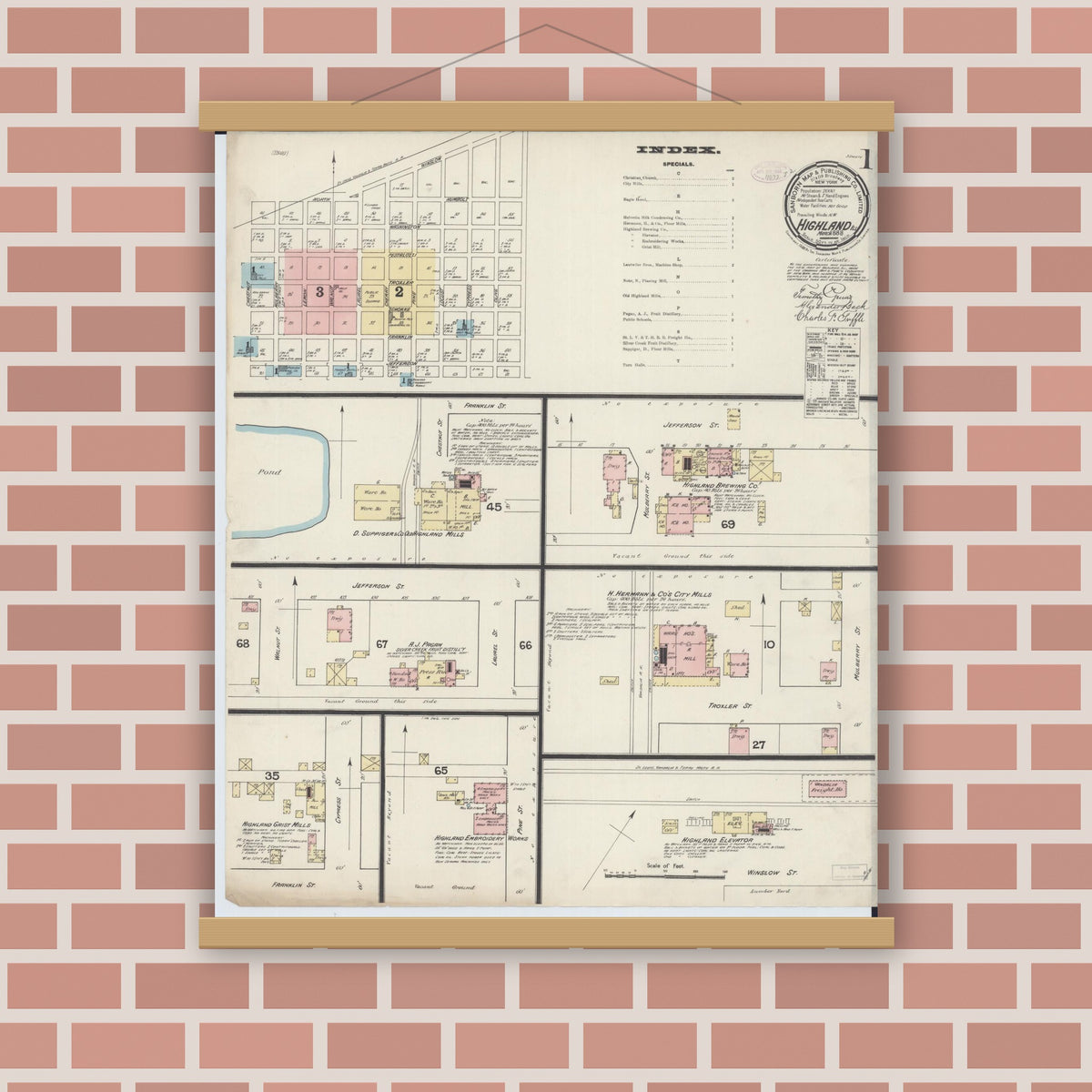 Old map wall art mockup — magnetic wood frame on brick wall — Sanborn Fire Insurance Map from Highland, Madison County, Illinois (1888), Sheet #0001