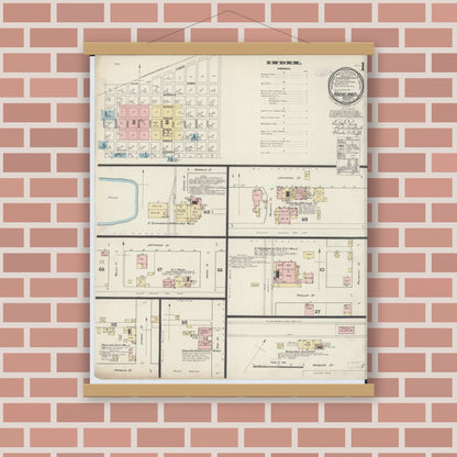 Old map wall art mockup — magnetic wood frame on brick wall — Sanborn Fire Insurance Map from Highland, Madison County, Illinois (1888), Sheet #0001