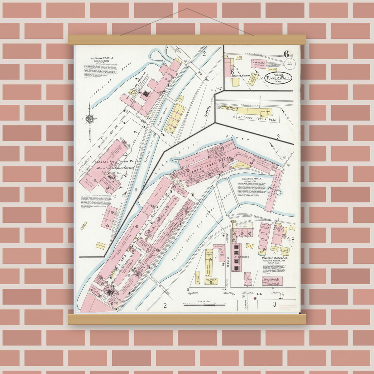 Old map wall art mockup — magnetic wood frame on brick wall — Sanborn Fire Insurance Map from Turners Falls, Franklin County, Massachusetts (1914), Sheet #0006