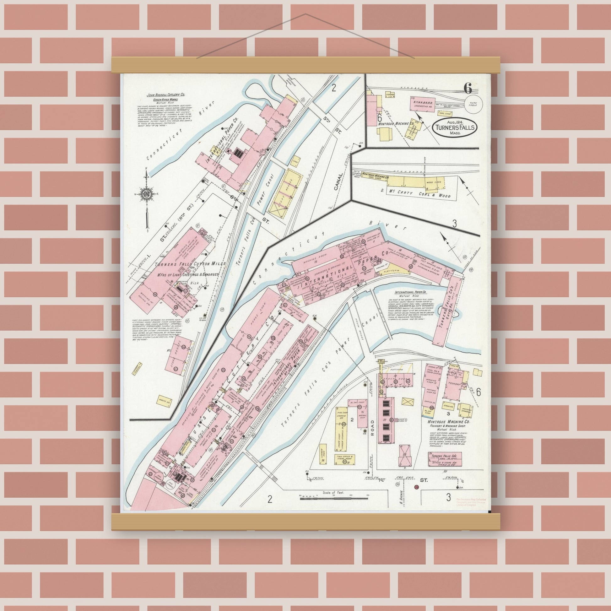 Old map wall art mockup — magnetic wood frame on brick wall — Sanborn Fire Insurance Map from Turners Falls, Franklin County, Massachusetts (1914), Sheet #0006