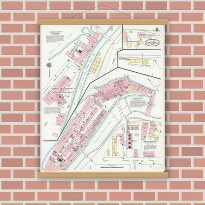 Old map wall art mockup — magnetic wood frame on brick wall — Sanborn Fire Insurance Map from Turners Falls, Franklin County, Massachusetts (1914), Sheet #0006