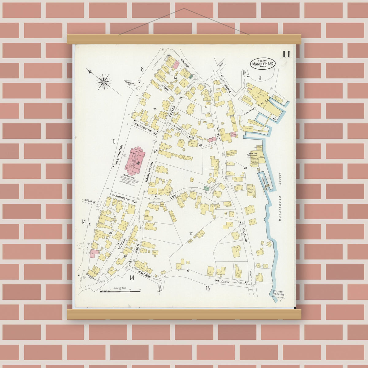 Old map wall art mockup — magnetic wood frame on brick wall — Sanborn Fire Insurance Map from Marblehead, Essex County, Massachusetts (1908), Sheet #0011