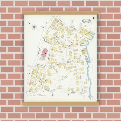 Old map wall art mockup — magnetic wood frame on brick wall — Sanborn Fire Insurance Map from Marblehead, Essex County, Massachusetts (1908), Sheet #0011