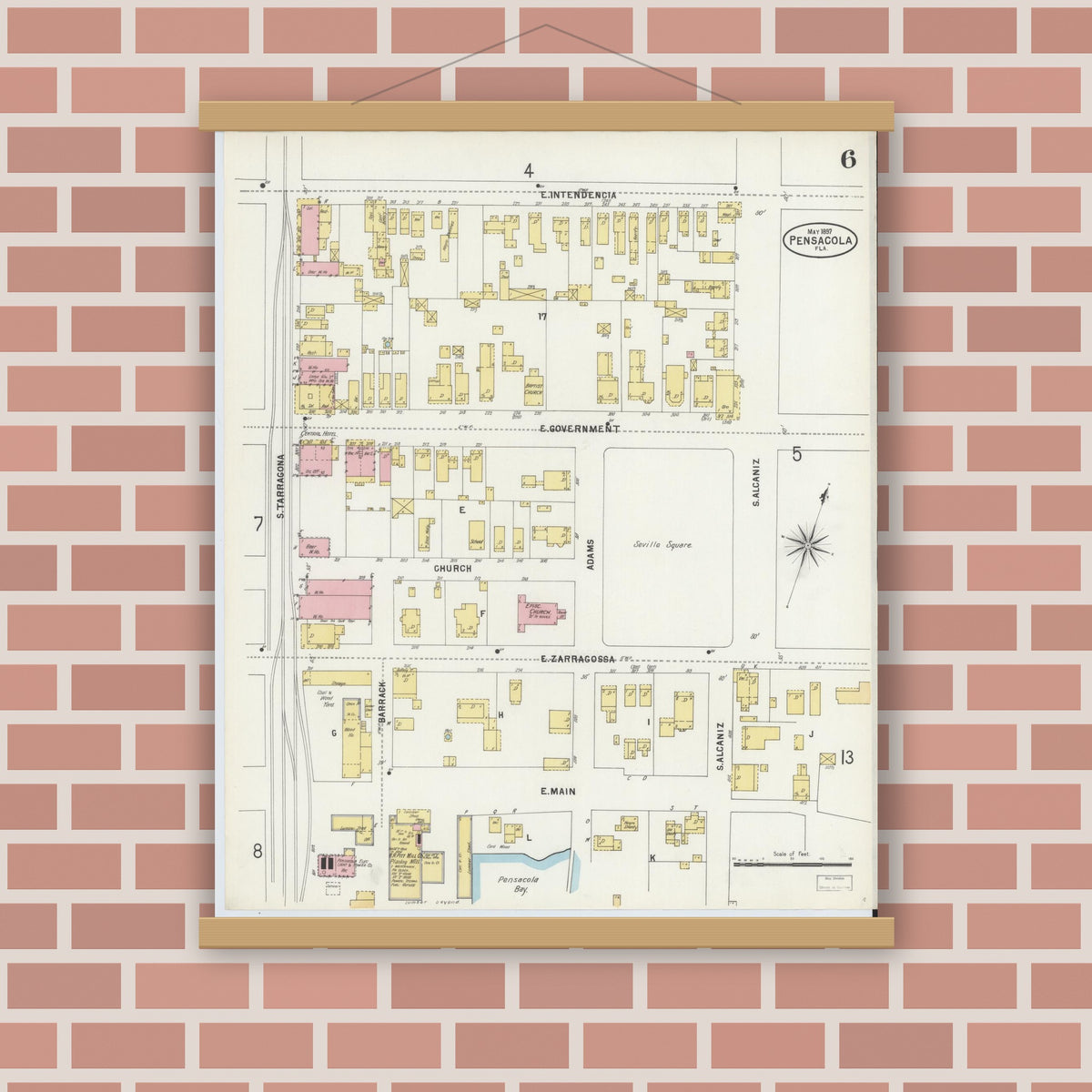 Old map wall art mockup — magnetic wood frame on brick wall — Sanborn Fire Insurance Map from Pensacola, Escambia County, Florida (1897), Sheet #0006