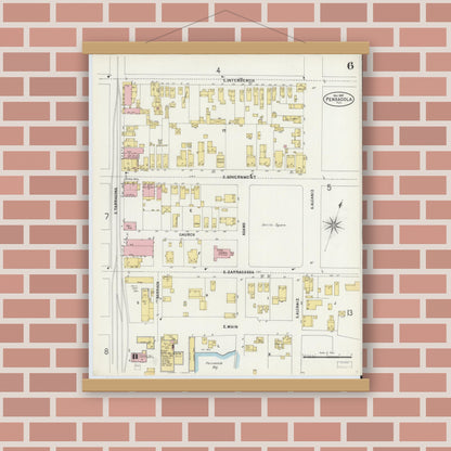 Old map wall art mockup — magnetic wood frame on brick wall — Sanborn Fire Insurance Map from Pensacola, Escambia County, Florida (1897), Sheet #0006