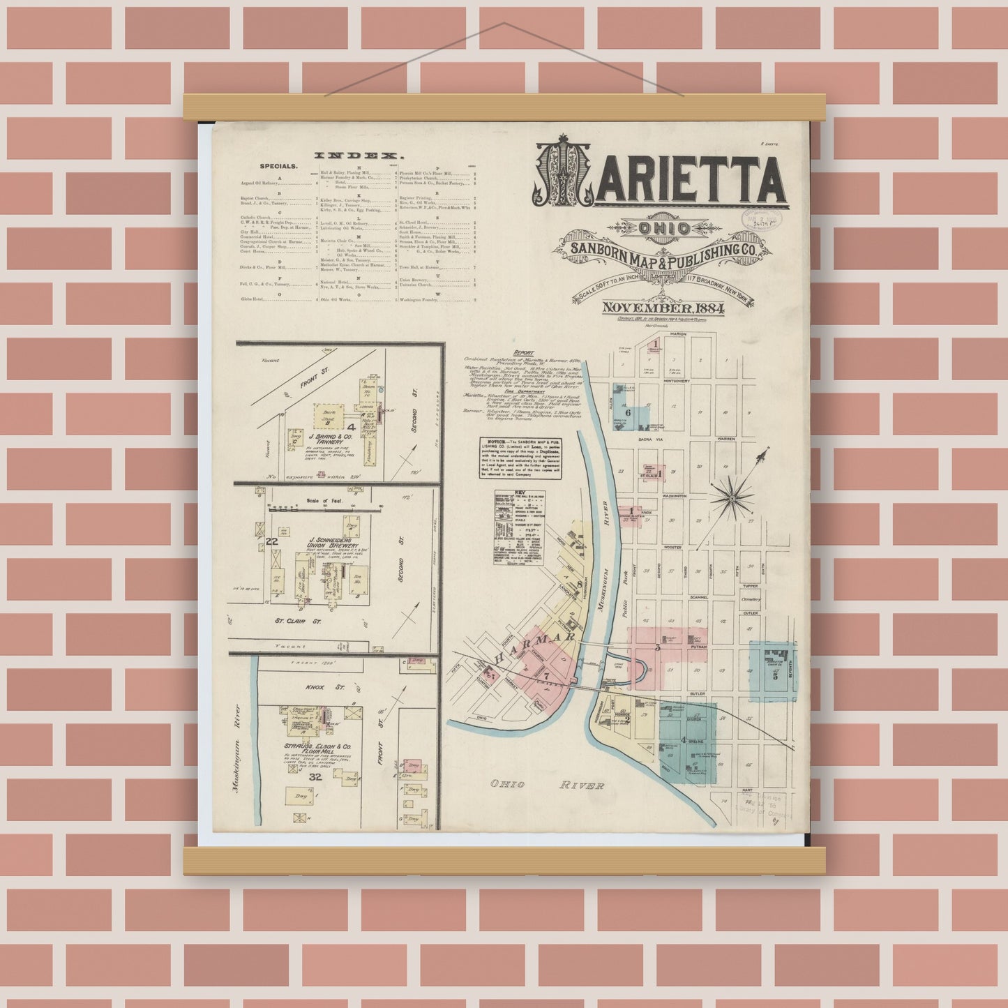 Old map wall art mockup — magnetic wood frame on brick wall — Sanborn Fire Insurance Map from Marietta, Washington County, Ohio (1884), Sheet #0001
