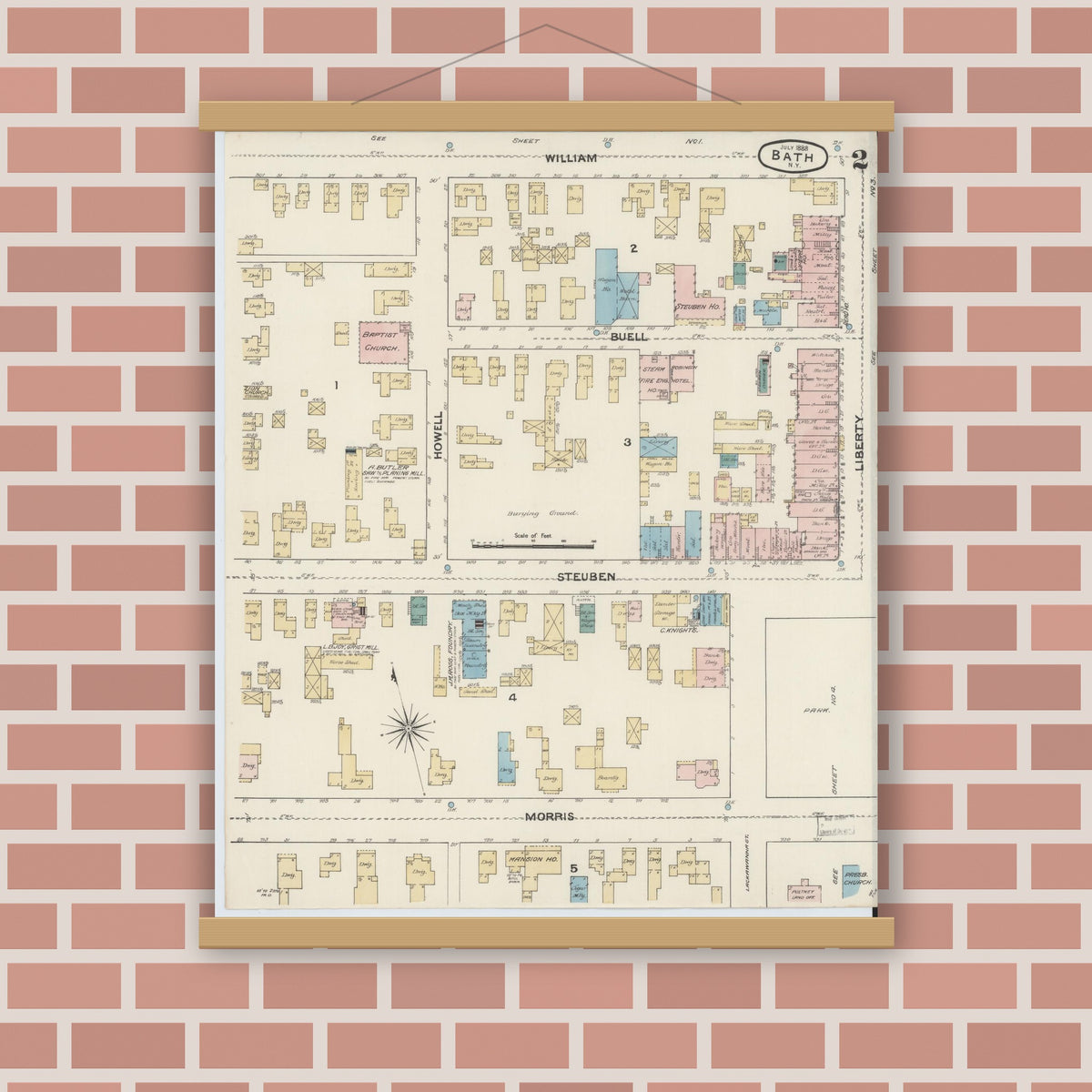 Old map wall art mockup — magnetic wood frame on brick wall — Sanborn Fire Insurance Map from Bath, Steuben County, New York (1888), Sheet #0002