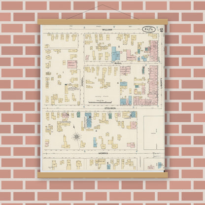 Old map wall art mockup — magnetic wood frame on brick wall — Sanborn Fire Insurance Map from Bath, Steuben County, New York (1888), Sheet #0002