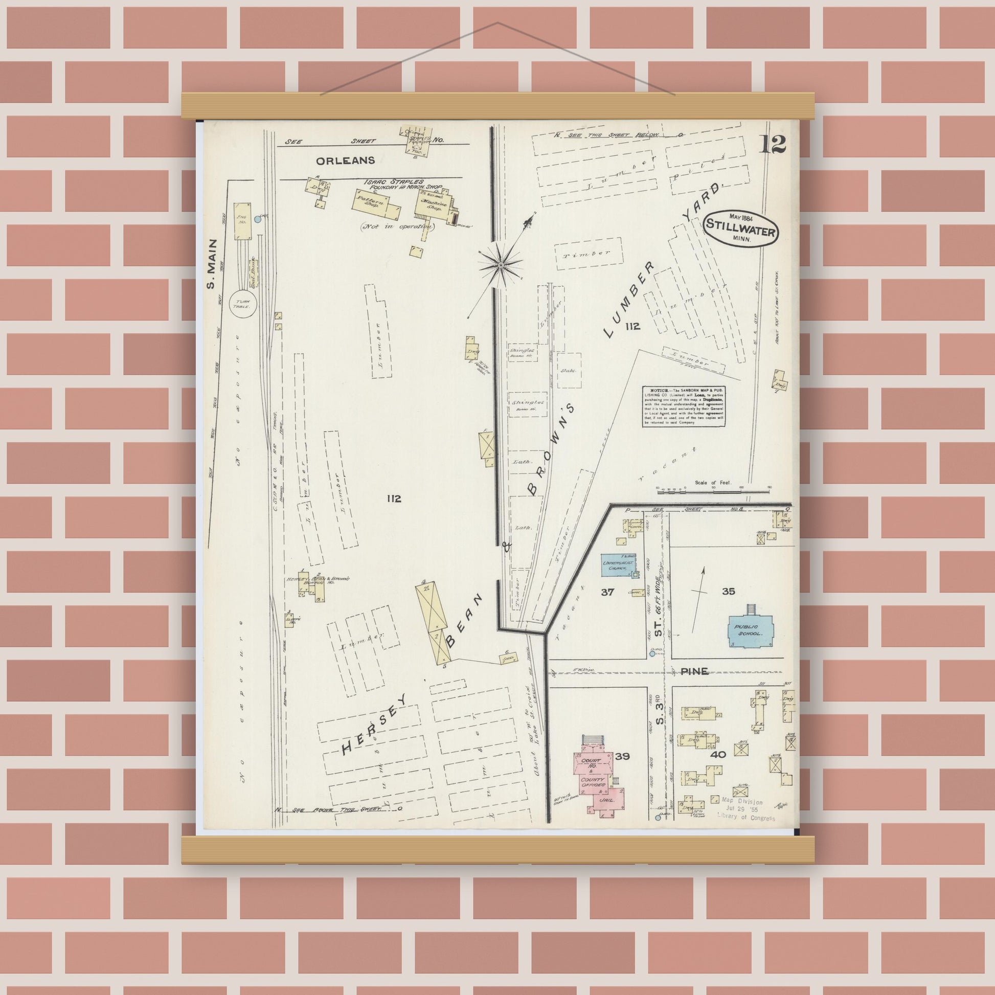 Old map wall art mockup — magnetic wood frame on brick wall — Sanborn Fire Insurance Map from Stillwater, Washington County, Minnesota (1884), Sheet #0012