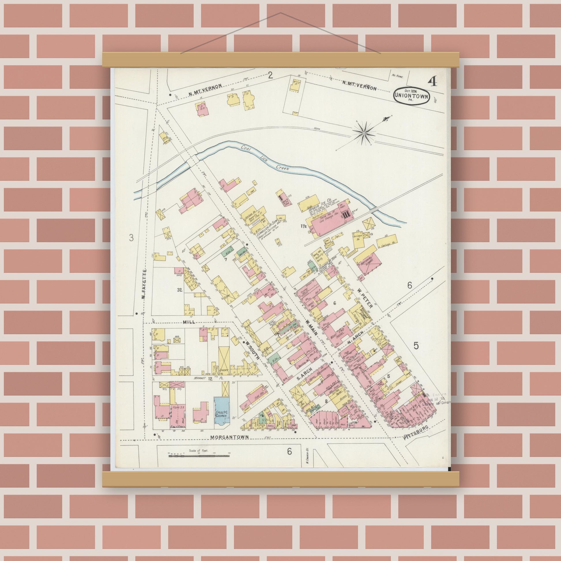 Old map wall art mockup — magnetic wood frame on brick wall — Sanborn Fire Insurance Map from Uniontown, Fayette County, Pennsylvania (1896), Sheet #0004