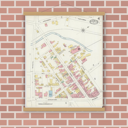 Old map wall art mockup — magnetic wood frame on brick wall — Sanborn Fire Insurance Map from Uniontown, Fayette County, Pennsylvania (1896), Sheet #0004