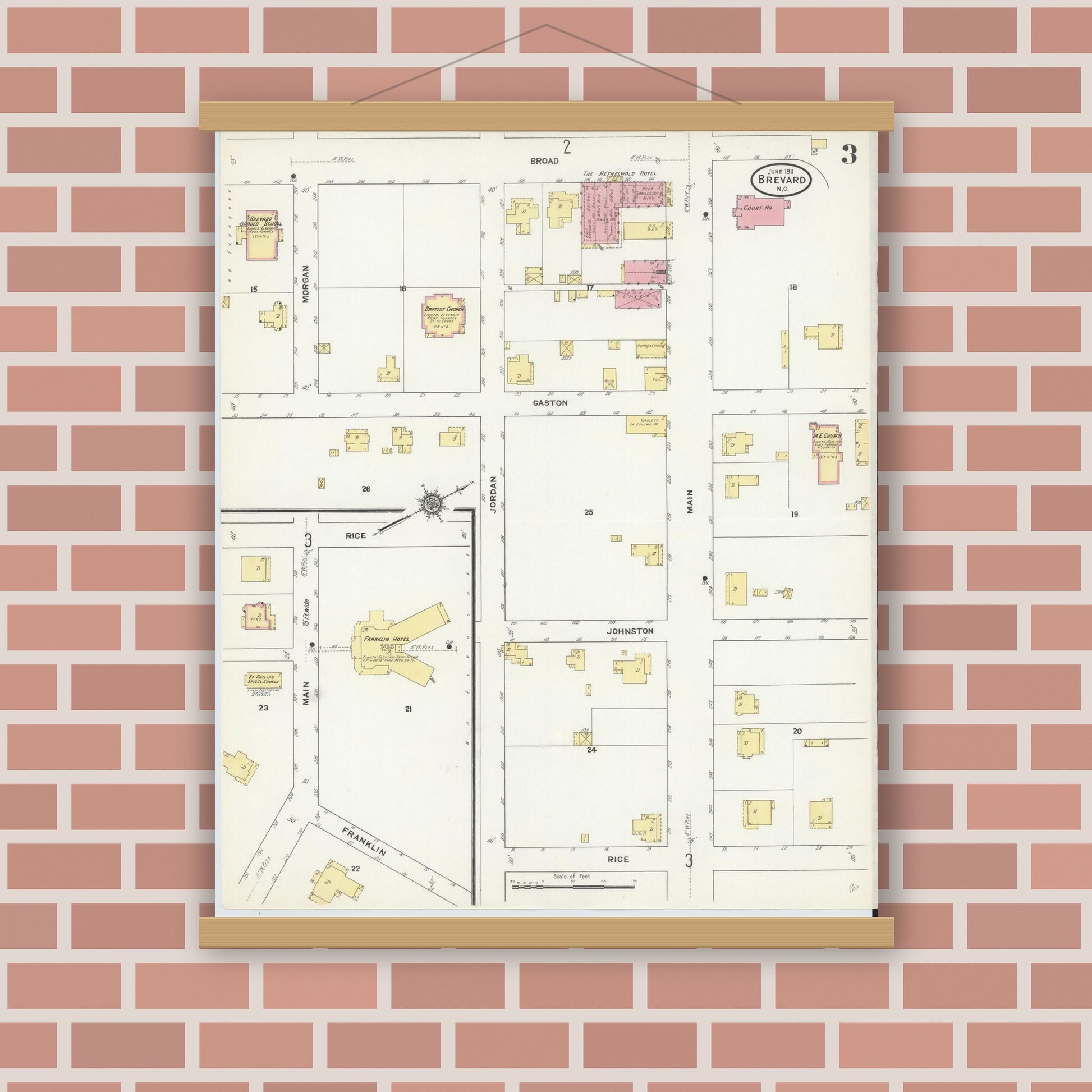Old map wall art mockup — magnetic wood frame on brick wall — Sanborn Fire Insurance Map from Brevard, Transylvania County, North Carolina (1911), Sheet #0003