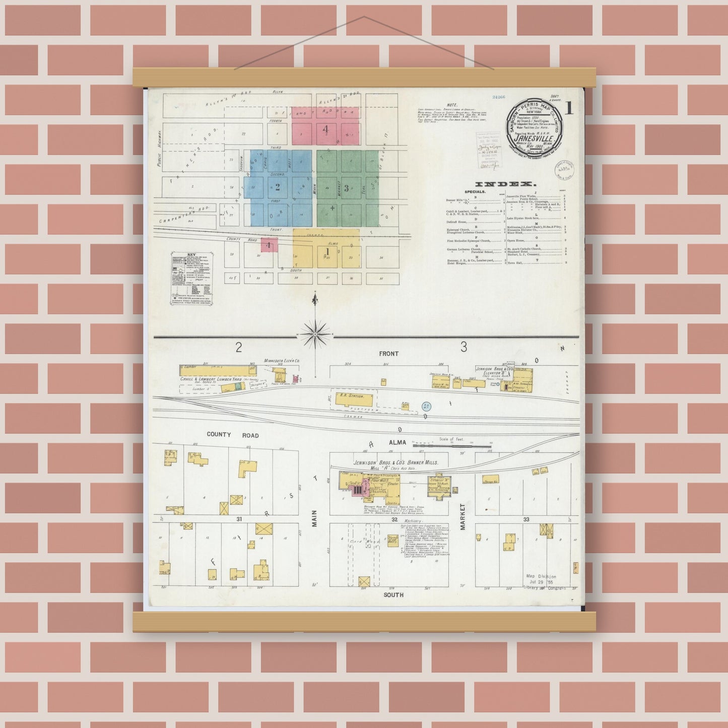 Old map wall art mockup — magnetic wood frame on brick wall — Sanborn Fire Insurance Map from Janesville, Waseca County, Minnesota (1900), Sheet #0001