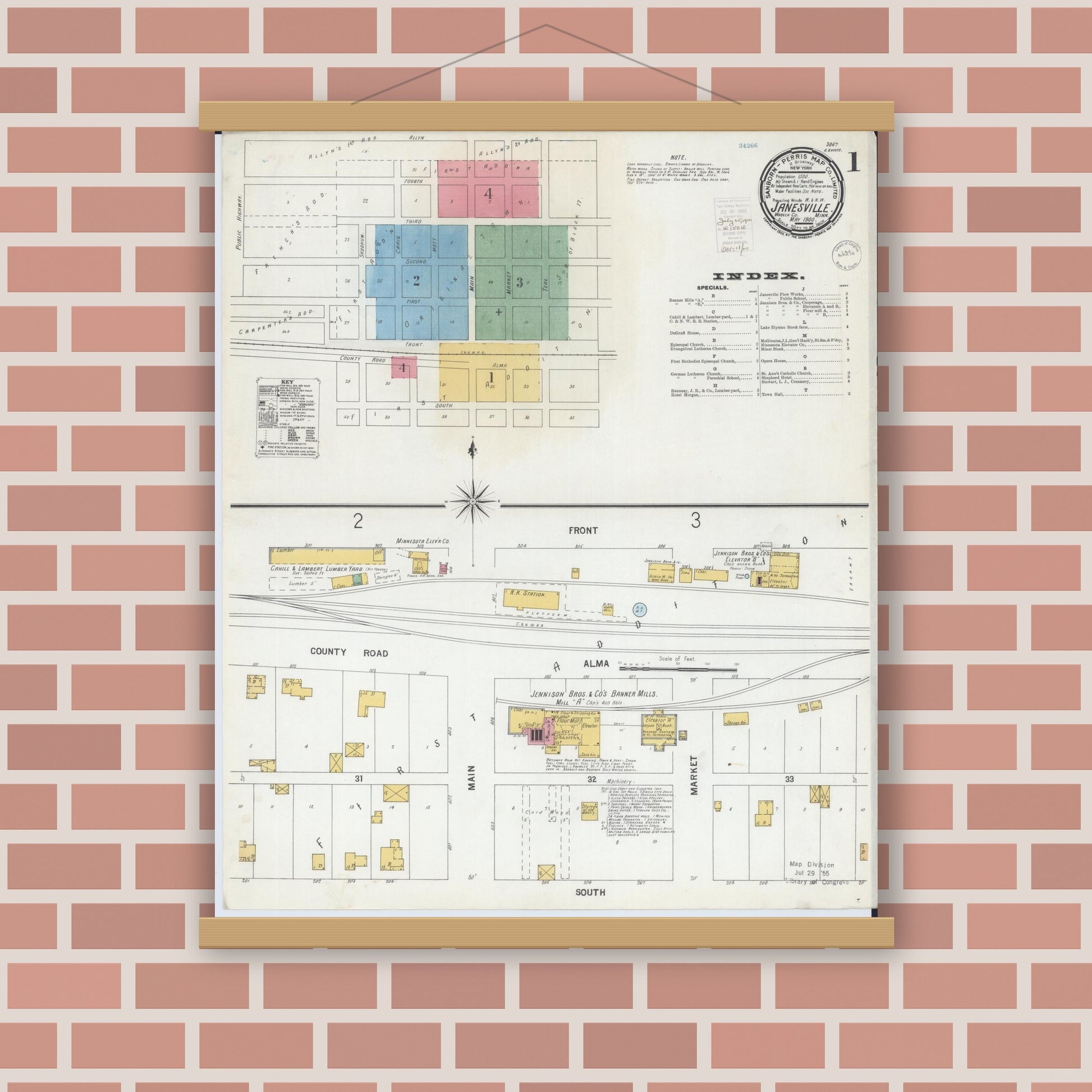 Old map wall art mockup — magnetic wood frame on brick wall — Sanborn Fire Insurance Map from Janesville, Waseca County, Minnesota (1900), Sheet #0001