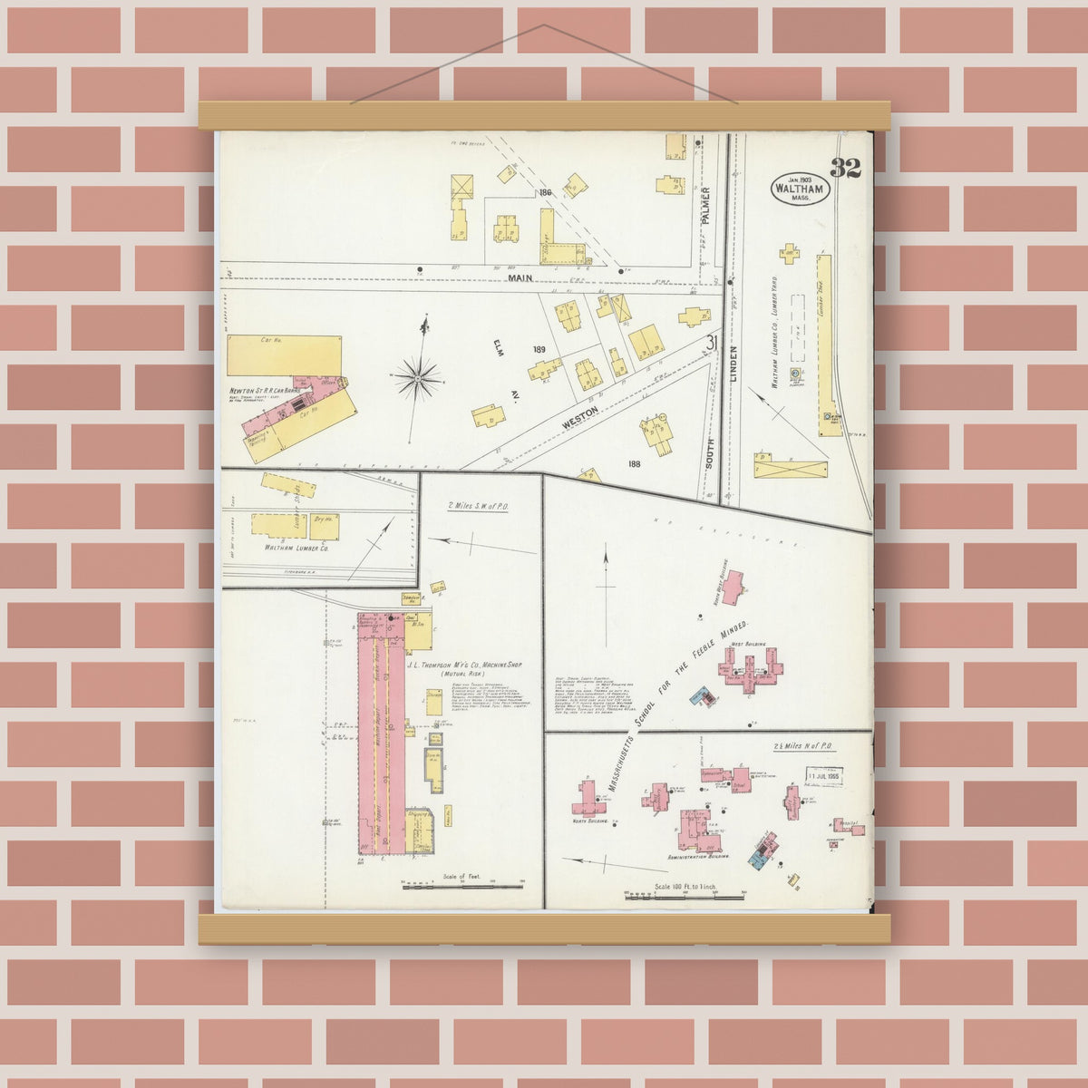 Old map wall art mockup — magnetic wood frame on brick wall — Sanborn Fire Insurance Map from Waltham, Middlesex County, Massachusetts (1903), Sheet #0032