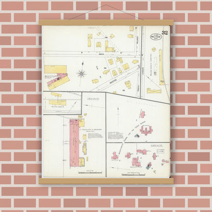 Old map wall art mockup — magnetic wood frame on brick wall — Sanborn Fire Insurance Map from Waltham, Middlesex County, Massachusetts (1903), Sheet #0032