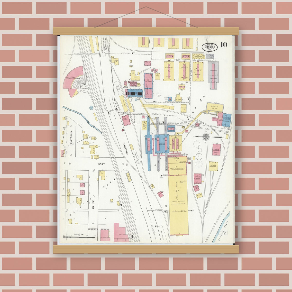 Old map wall art mockup — magnetic wood frame on brick wall — Sanborn Fire Insurance Map from Peru, La Salle County, Illinois (1916), Sheet #0010
