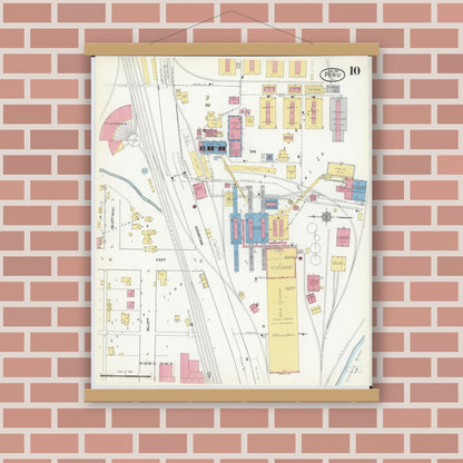Old map wall art mockup — magnetic wood frame on brick wall — Sanborn Fire Insurance Map from Peru, La Salle County, Illinois (1916), Sheet #0010